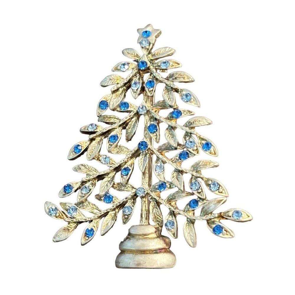 Kenneth Cole Silver Tone & Blue Rhinestone Decorated Christmas Tree Pin Brooch